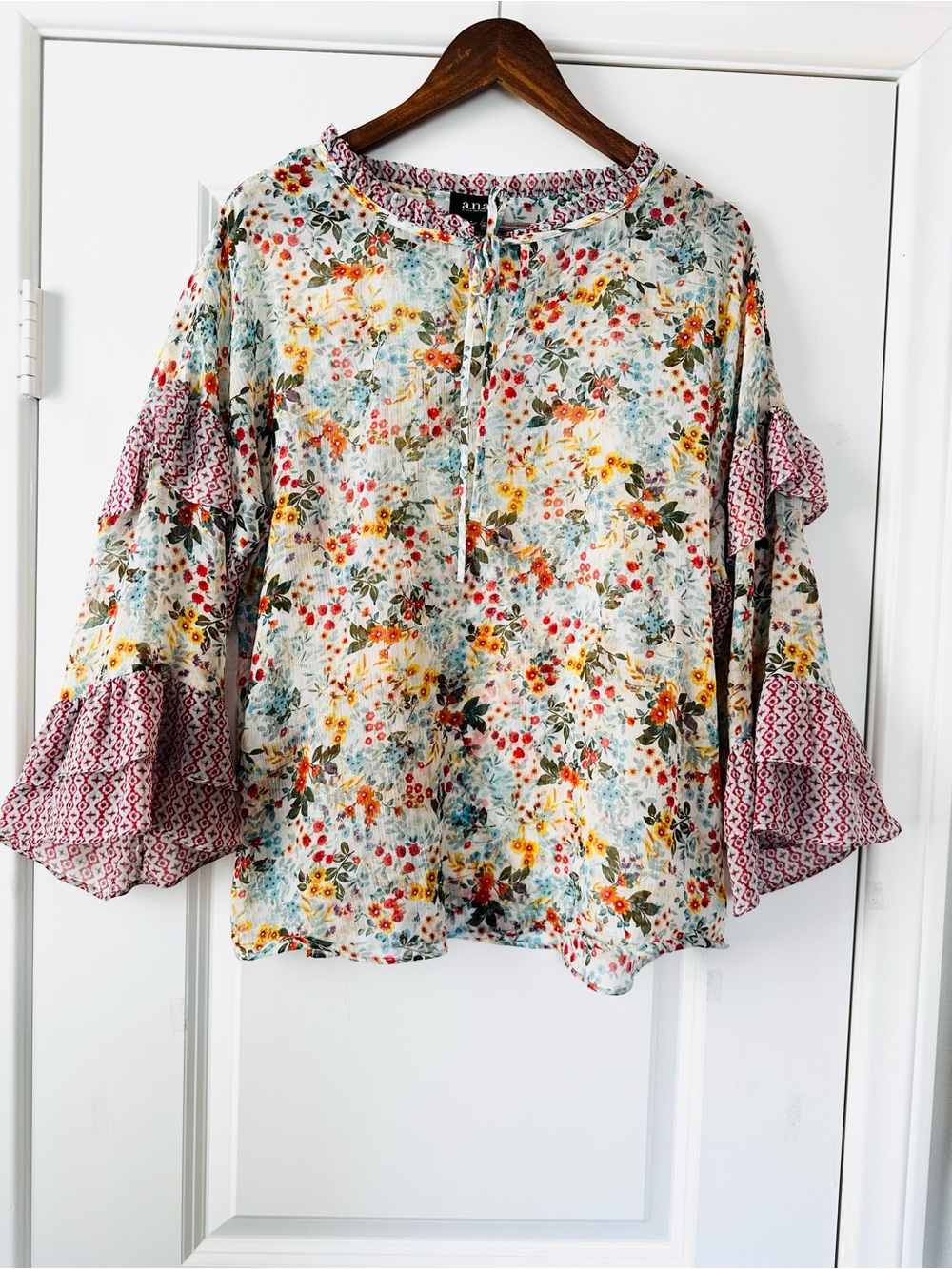 Cream Floral Ruffle Blouse Prairie Cottagecore Boho Country Peasant Fall Large